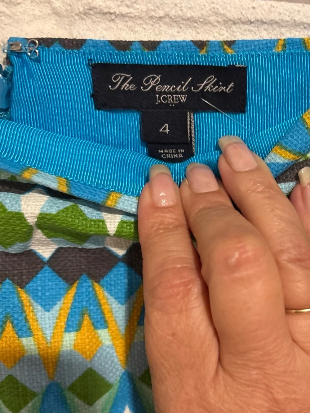 J Crew pencil skirt blue green Aztec print zipper back